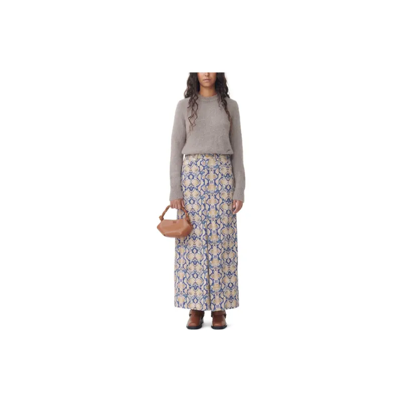 GANNI Snake Printed Denim Maxi Slit Skirt Denim Long Skirts Women's Blue-3