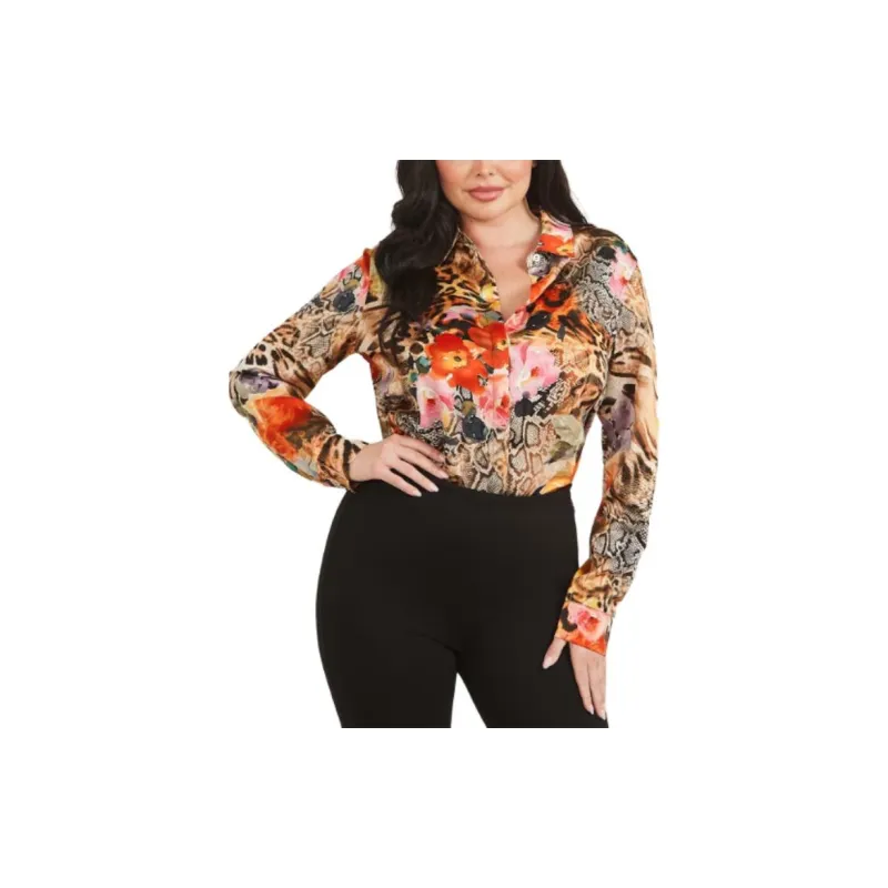 GUESS Icon Printed Satin Blouse Shirt Women's Multicolor-2
