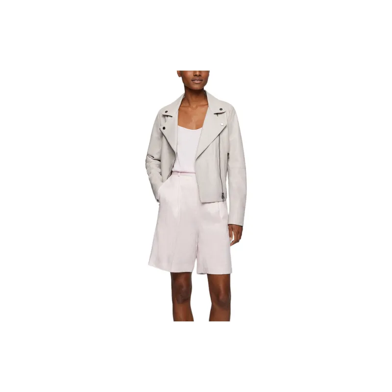 HUGO BOSS Biker Jacket In Olivenleder® With Monogram Lining Jackets Coats Women's Gray-1