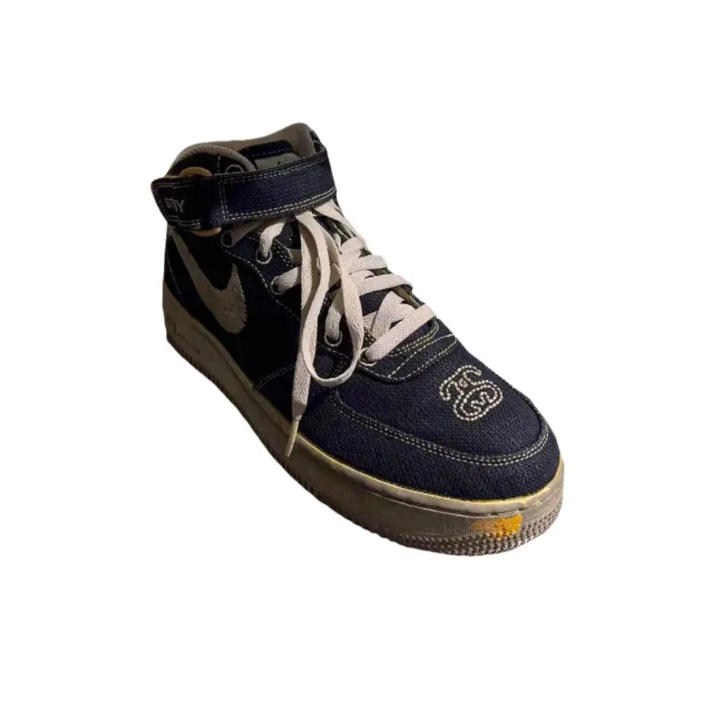 Stussy x Nike Air Force 1 Anti Slip Wear Resistant Mid Top Skateboard Shoes Men's Dark Blue-2