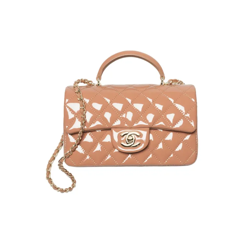 CHANEL Classic Flap CF Calf Patent Leather Handbag Mini Women's Dark Beige-0
