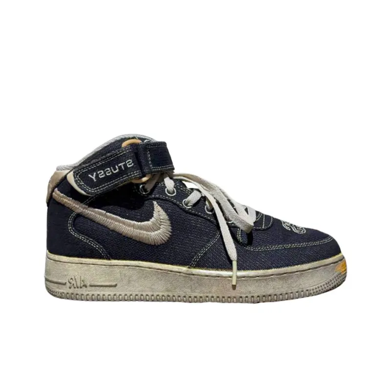 Stussy x Nike Air Force 1 Anti Slip Wear Resistant Mid Top Skateboard Shoes Men's Dark Blue-1