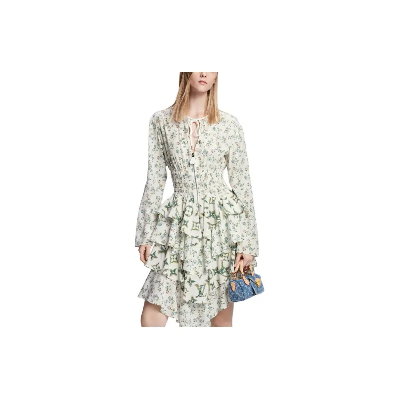 LOUIS VUITTON Floral Print Long Sleeved Tiered Dress-2