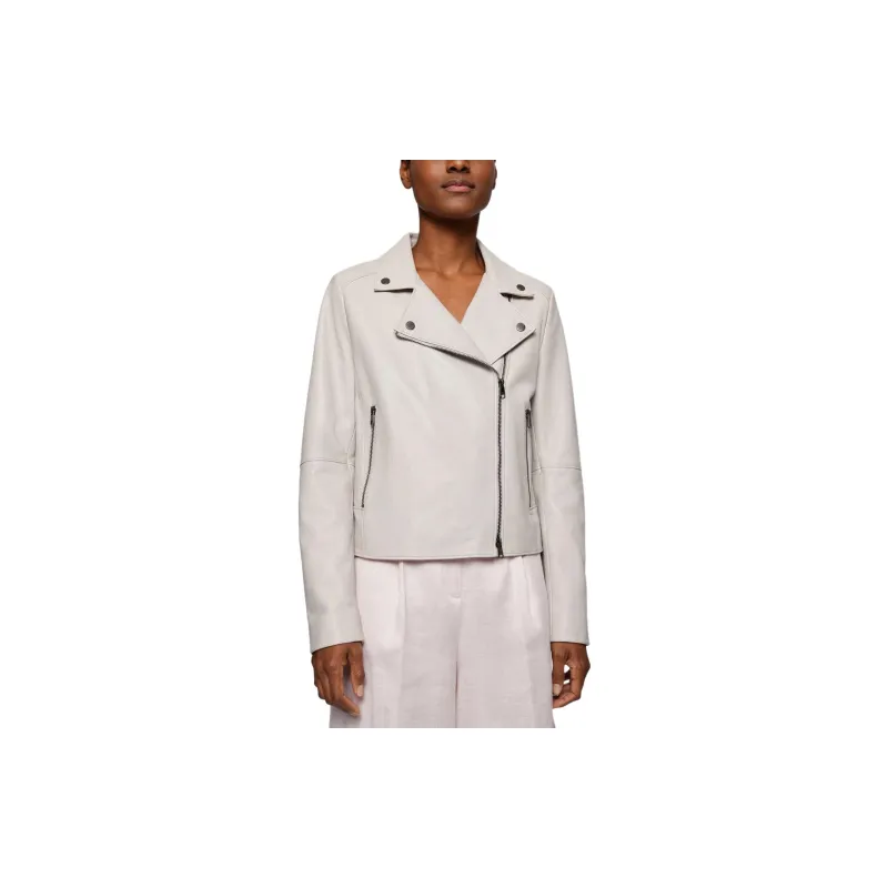 HUGO BOSS Biker Jacket In Olivenleder® With Monogram Lining Jackets Coats Women's Gray-2