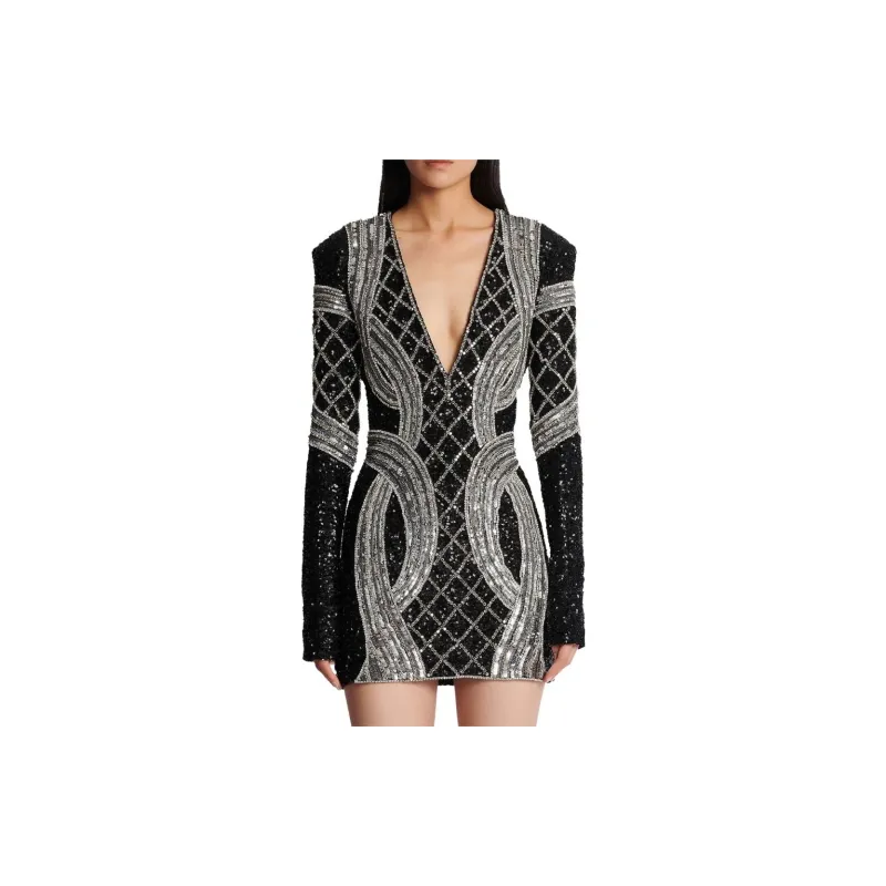 BALMAIN Silver All over Embroidered Dress-3