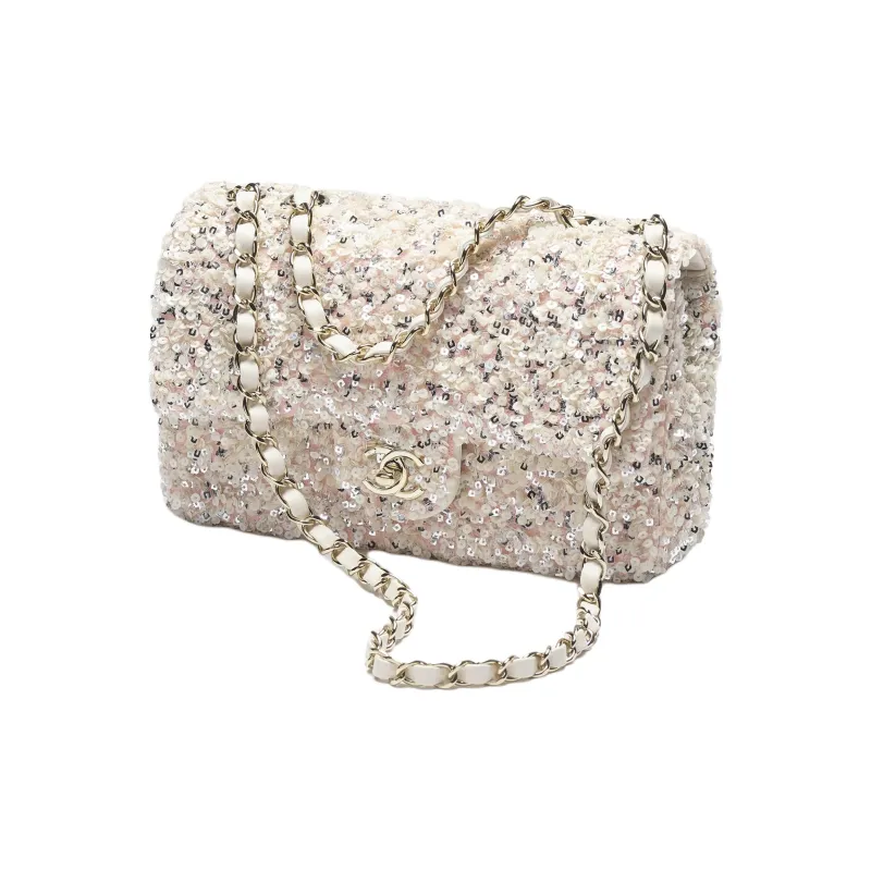 CHANEL Sequins Crossbody Bag, Shoulder Bag Women's White & Silver-1
