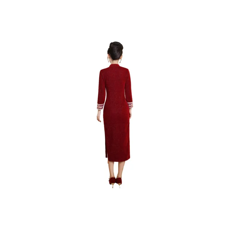 Red Colored Clothes Cheongsam Women's Burgundy-1