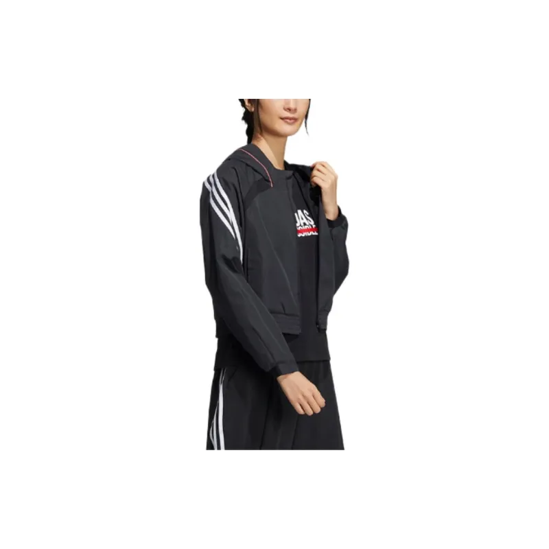 adidas Women'ss Logo Letter Print Three-Stripe Hooded Jacket Black-3