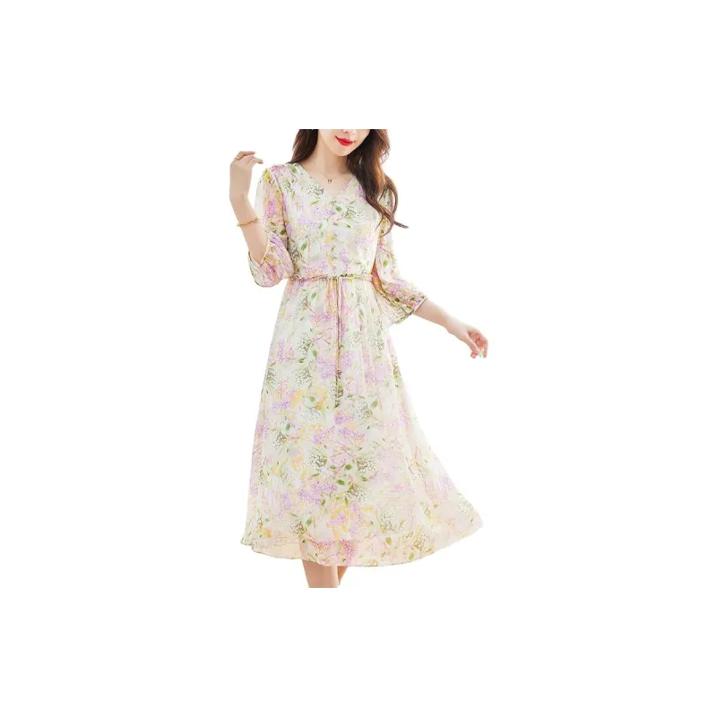 Yi Mengyuan Lace Up Silk Short Sleeved Dress Women's Light Purple-1