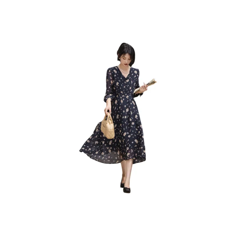 【dme】 Long Sleeved Dress Women's Navy Blue-1
