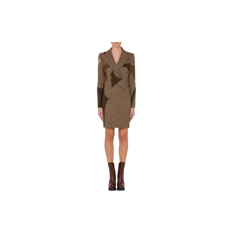 MOSCHINO Patchwork Cropped Wool Blend Jacket Jackets Coats Women's Brown-1