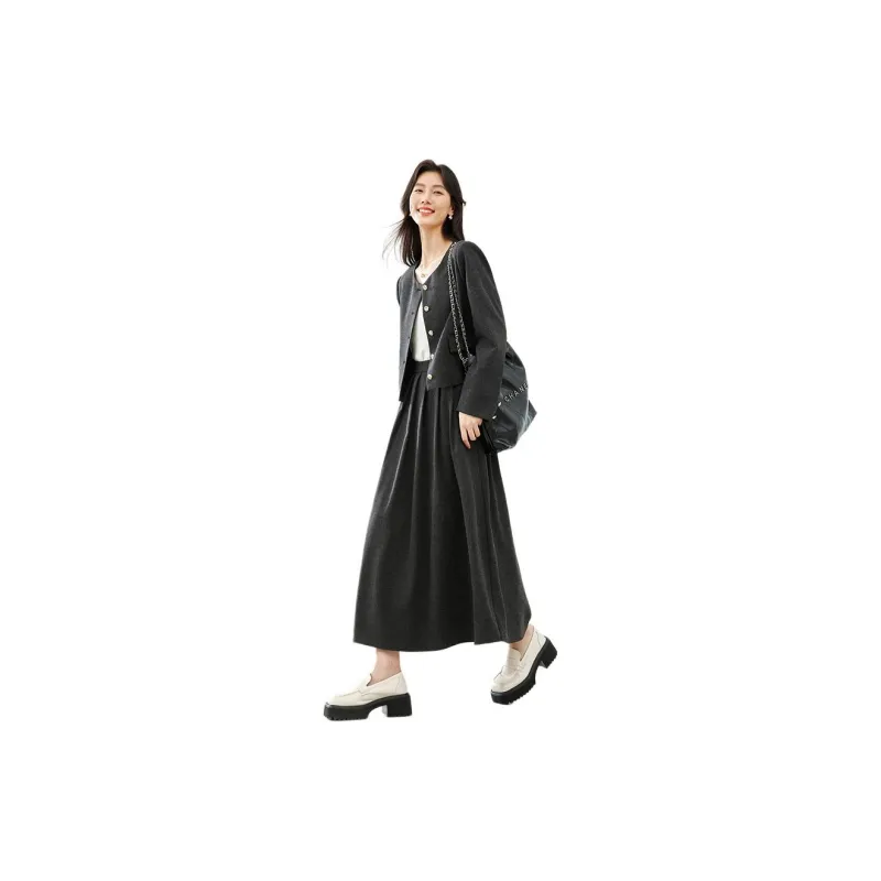 VIMLY Two Piece Skirt Sets Women's Gray-3