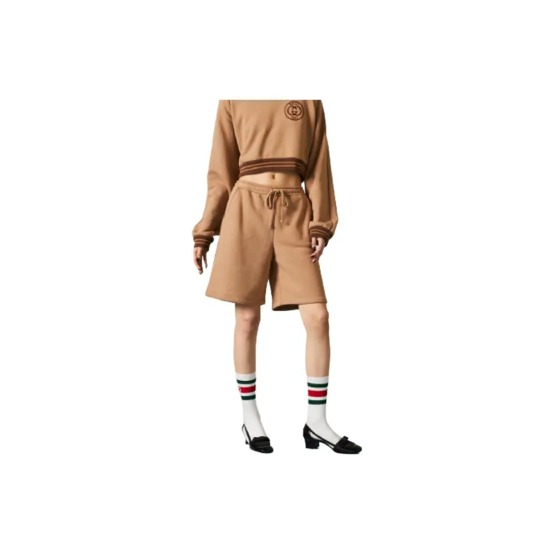 GUCCI Embroidered Cotton Jersey Shorts Casual Shorts Women's Brown-2