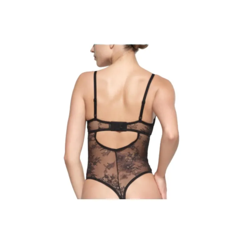 SKIMS ULTRA FINE LACE LINED PLUNGE BODYSUIT Jumpsuit Women's ONYX/Onyx-2