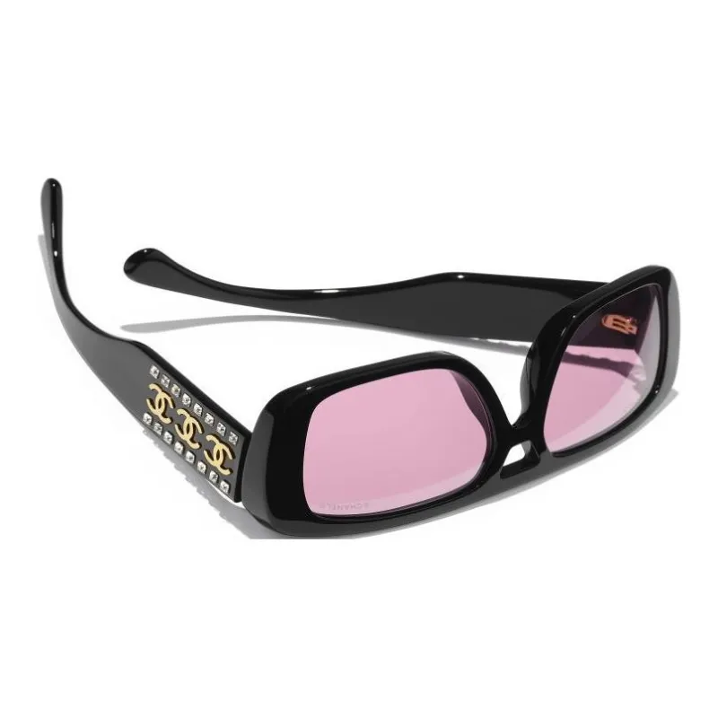 CHANEL Acetate Rhinestone Aviator Sunglasses Unisex Black-4