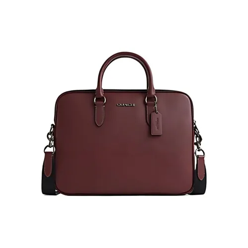 COACH Leather Briefcase One Shoulder Handbag Large Size Men's Black & Wine Red