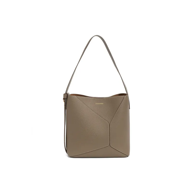 BELLE Genuine Leather Bucket Shoulder Bag Women's Ecru/Brown-10