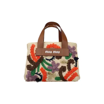MIU MIU Leather Handbag Shoulder Bag Women's Beige Patchwork Cognac