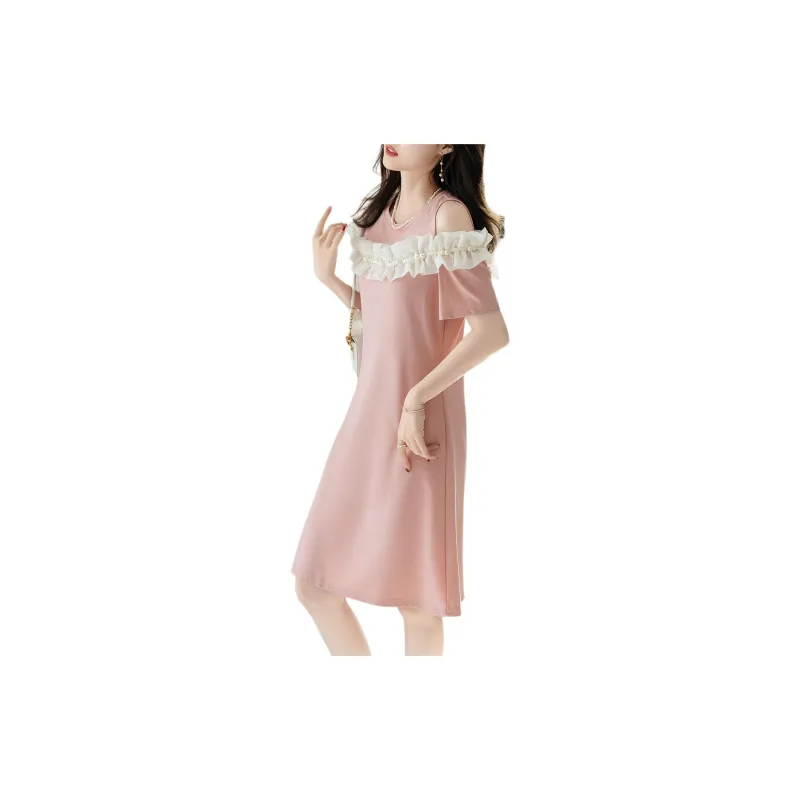 【dme】 Short Sleeved Dresses Women's Leather Pink-0