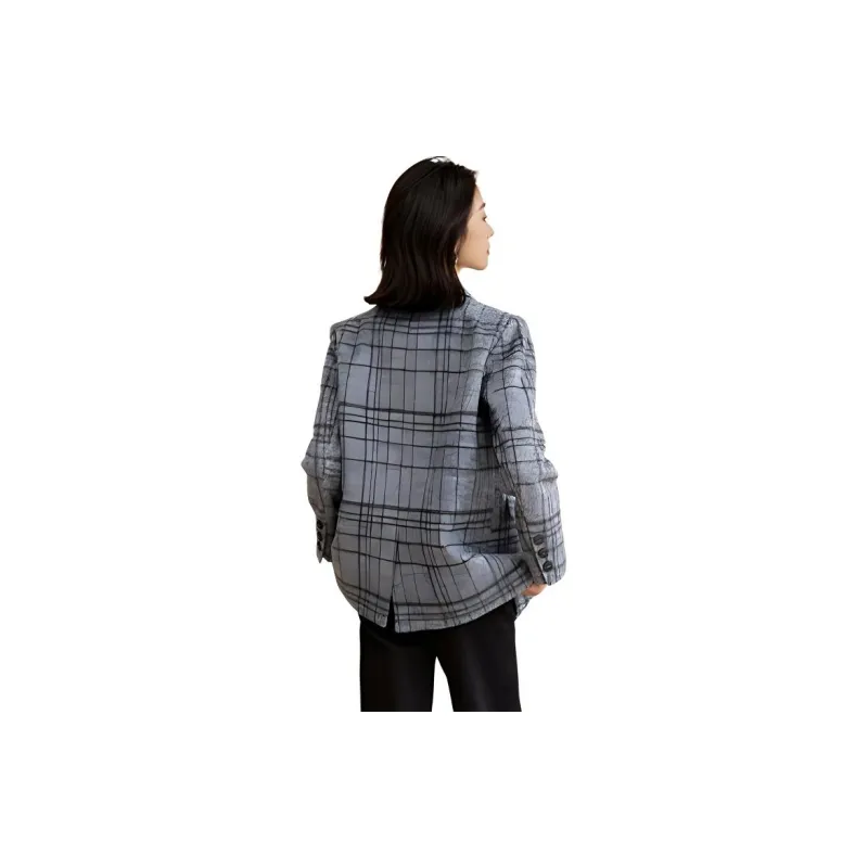 Mo Han Yi Mei Coats Women's Gray Blue Plaid-1