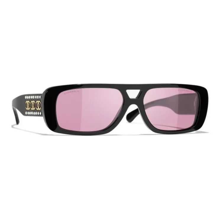 CHANEL Resin Rhinestone Aviator Sunglasses Women's Black-2