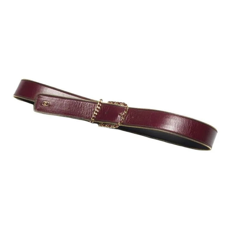 CHANEL Sheepskin Metal Leather Belts Unisex Burgundy --0