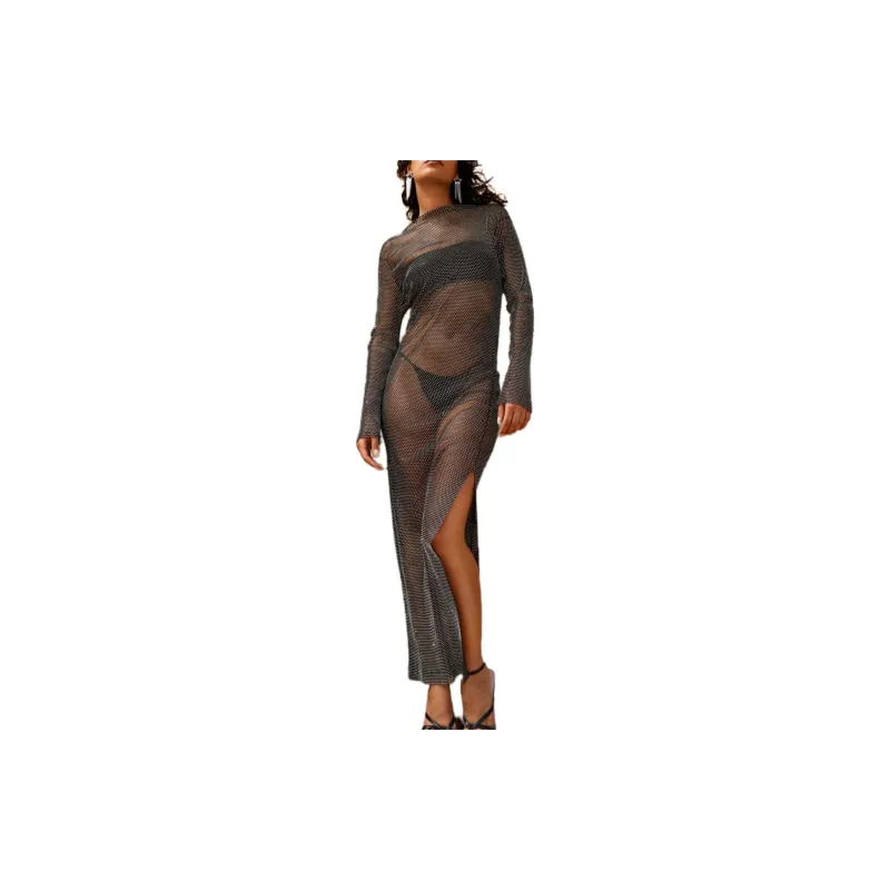 NASTY GAL Petite Diamante Fishnet Slash Neck Maxi Dress Long-Sleeved Dresses Women's Black-1