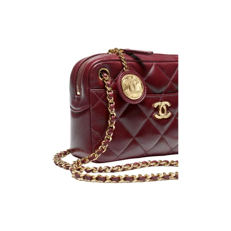 CHANEL Polished Lambskin Camera Bag, Crossbody Bag, Shoulder Bag Mini Women's Burgundy-4