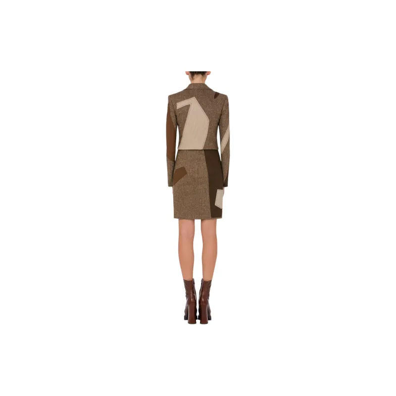 MOSCHINO Patchwork Cropped Wool Blend Jacket Jackets Coats Women's Brown-2