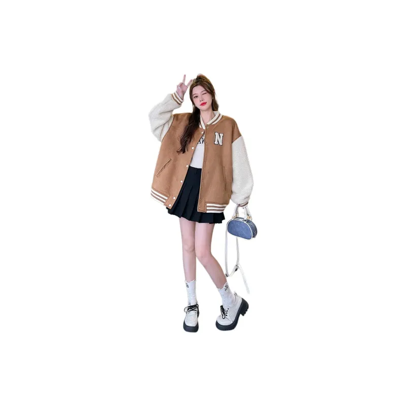 Tonlion Baseball Jacket Women's Khaki Brown-2
