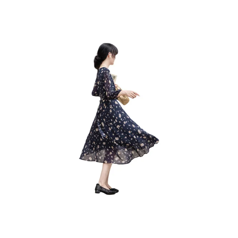 【dme】 Long Sleeved Dress Women's Navy Blue-3