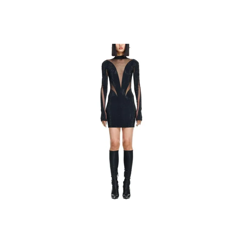 Mugler H&M Spiral Panel Mini Dress With Rhinestones Black-1