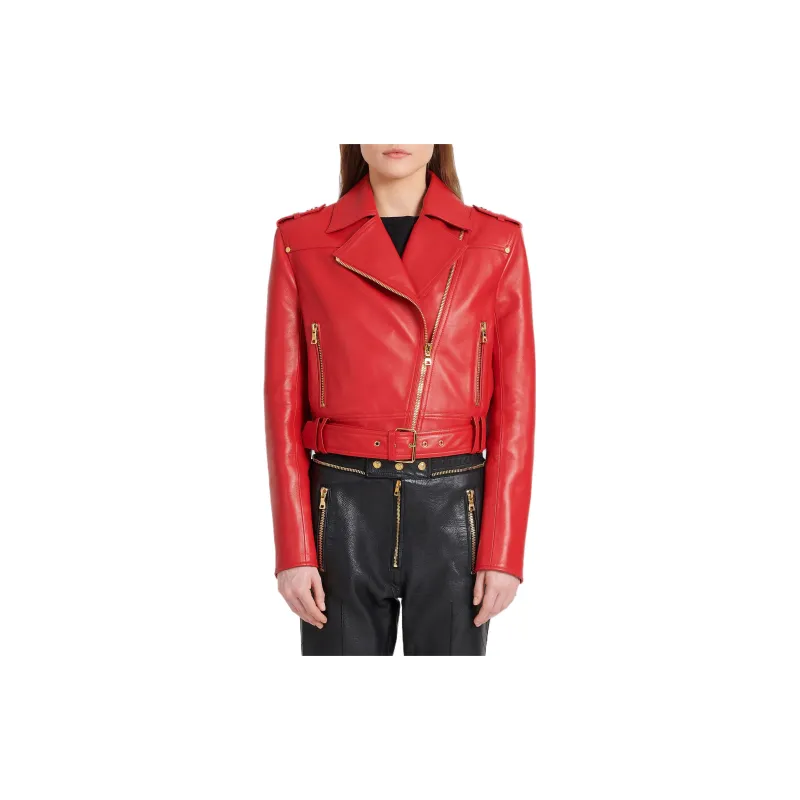 BALMAIN Leather Jackets Women's Red-5