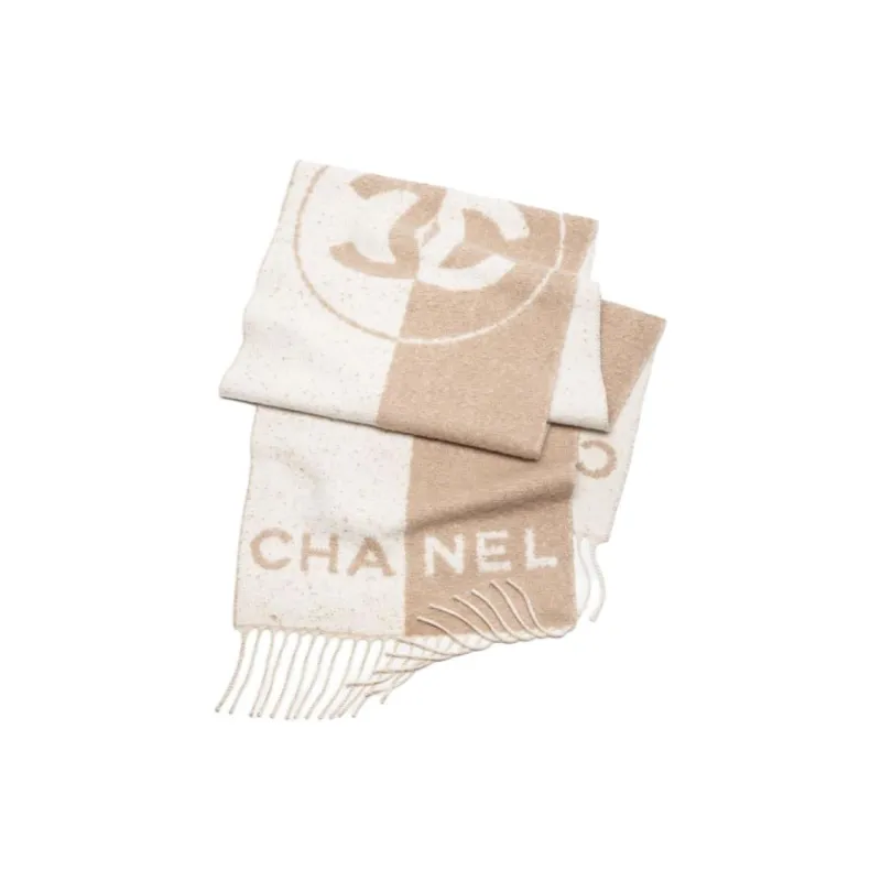 CHANEL Wool Knit Scarves Women's Beige/White-1