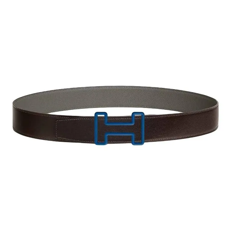 HERMES Calfskin Leather Belts Men's Brown Gray Width: 3.8CM-0