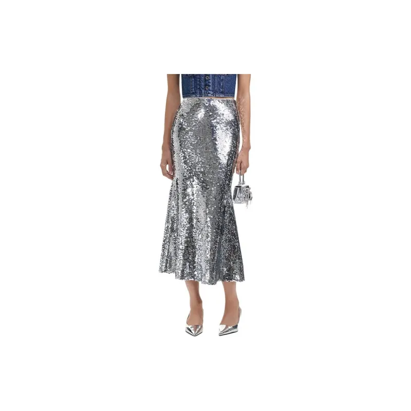 Self portrait Casual Long Skirts Women's Silver-1