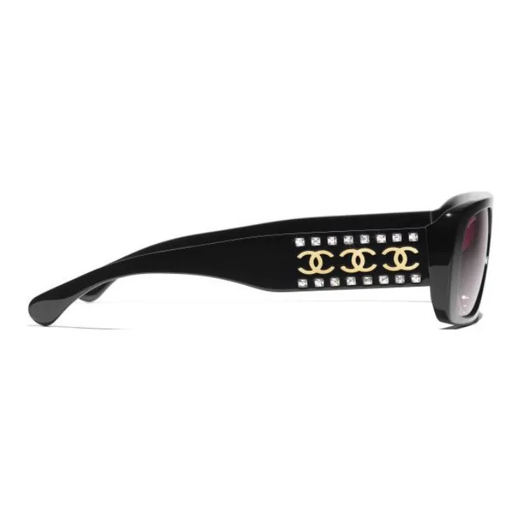 CHANEL Acetate Rhinestone Aviator Sunglasses Unisex Black-3