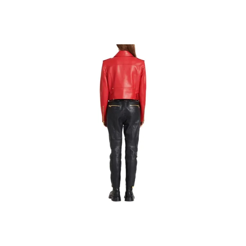BALMAIN Leather Jackets Women's Red-2