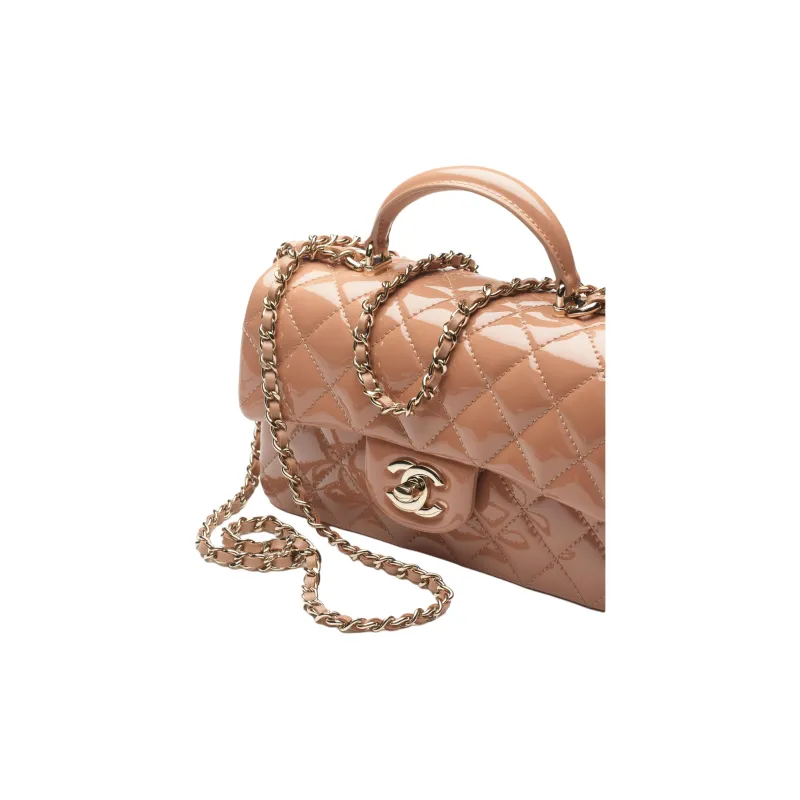 CHANEL Classic Flap CF Calf Patent Leather Handbag Mini Women's Dark Beige-2