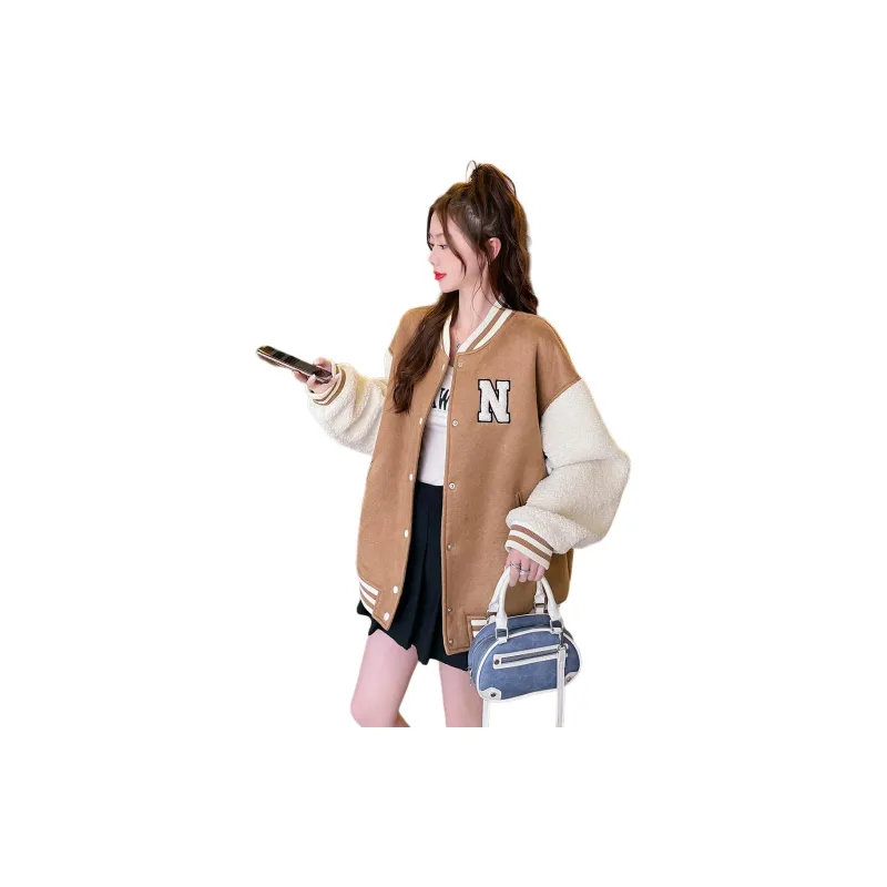 Tonlion Baseball Jacket Women's Khaki Brown-1