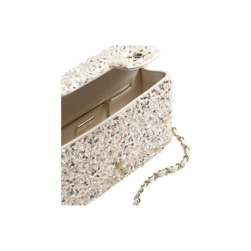 CHANEL Sequins Crossbody Bag, Shoulder Bag Women's White & Silver-2
