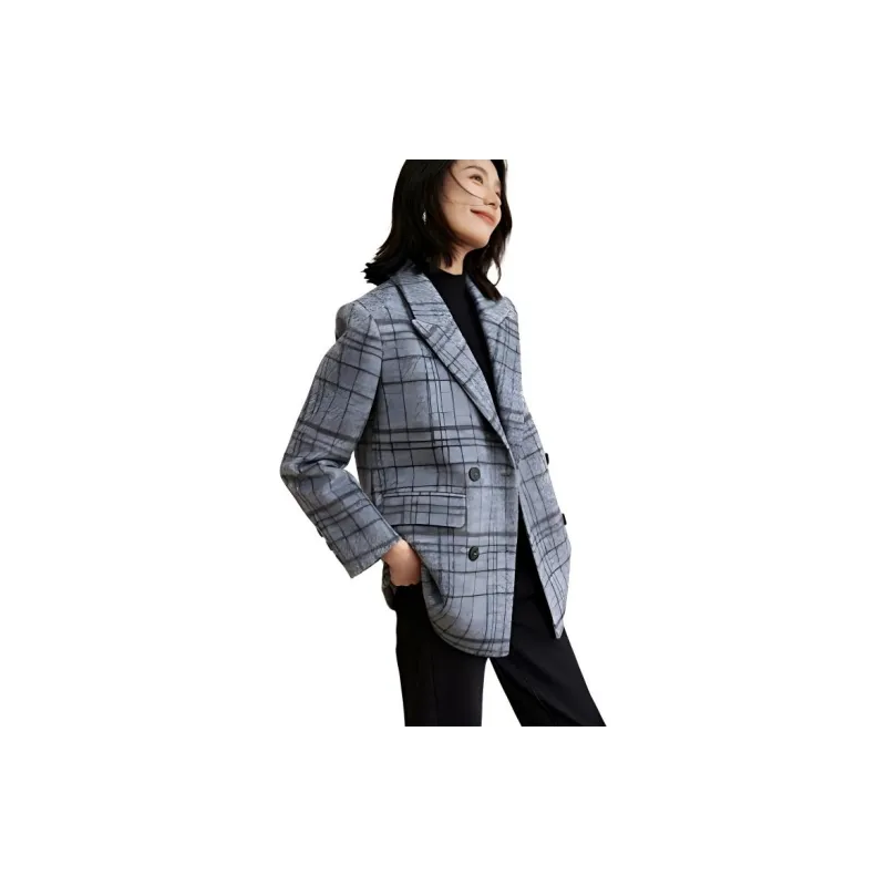 Mo Han Yi Mei Coats Women's Gray Blue Plaid-2