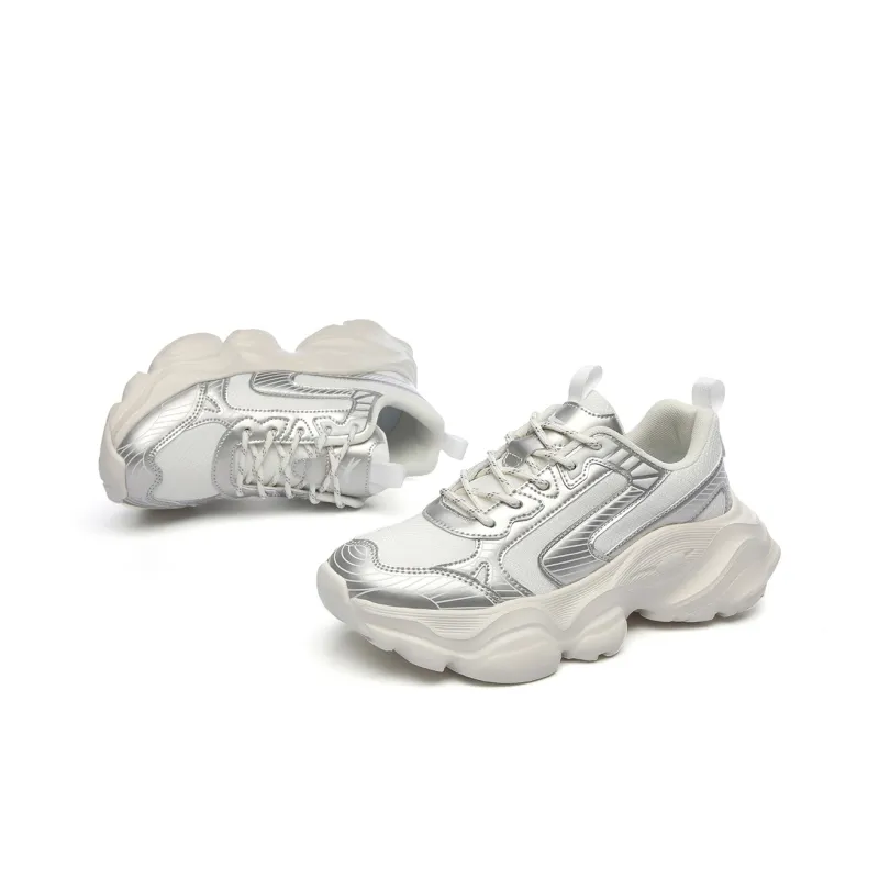 RED DRAGONFLY Chunky Sneakers Women's Low Top Beige/White Silver-3