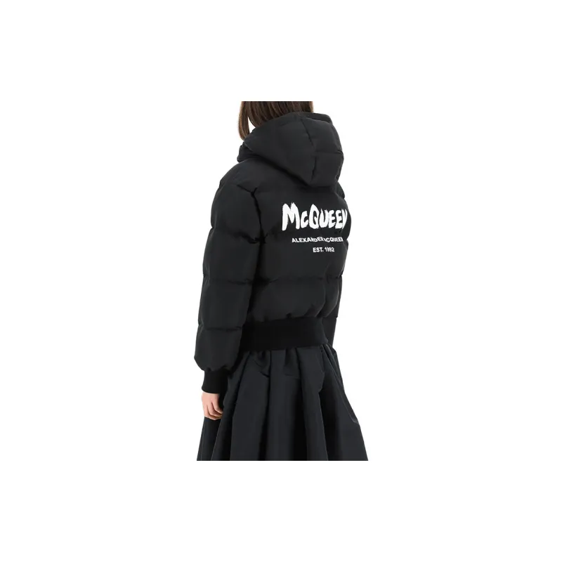 Alexander McQueen SS22 Letter Solid Color Hooded Loose Fit Cropped Puffer Jacket Women's Black-4