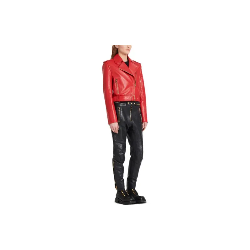 BALMAIN Leather Jackets Women's Red-4