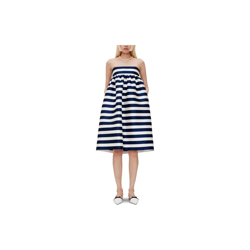 KIMHEKIM SS24 STRIPED MIKADO SILK MIDI DRESS Sleeveless Dress Women's NAVY/Marine Blue-2
