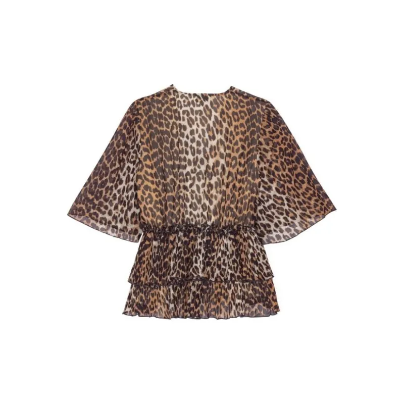 GANNI Leopard Printed Pleated V Neck Blouse-1