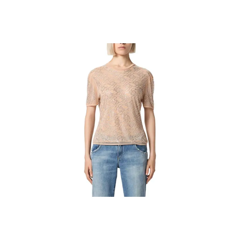 Blumarine Tulle T-Shirt With Embroidery Rhinestone B Monogram T-Shirt Women's Pink-2