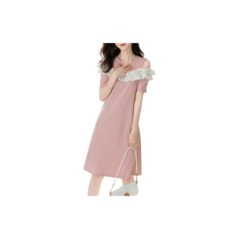 【dme】 Short Sleeved Dresses Women's Leather Pink-1
