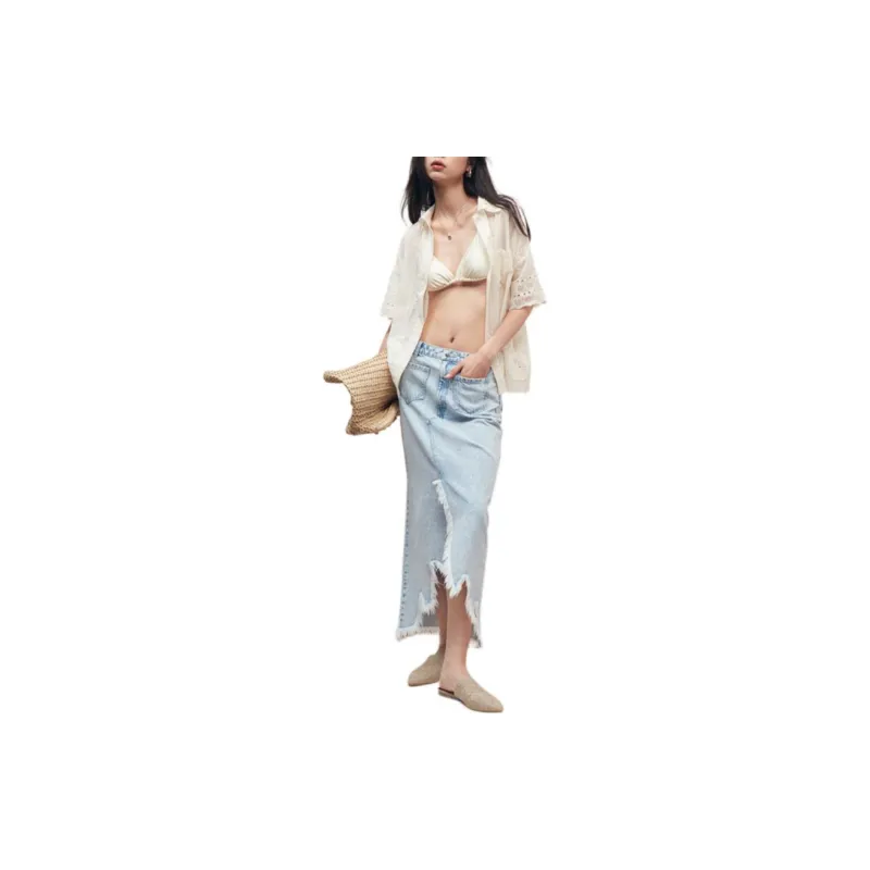H&M Denim Long Skirts Women's Light Denim Blue-1